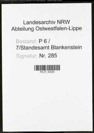 Sterberegister Standesamt Blankenstein/Ruhr