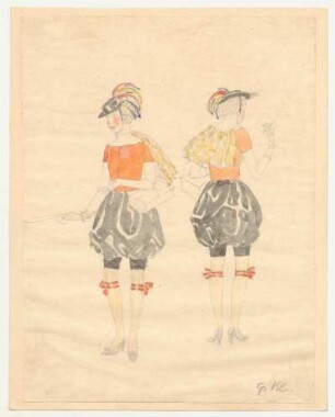 Kostümentwurf : Historisierende Figurine in Vorder- und Rückenansicht mit Spanischer Hose, engem Oberteil mit Capa, Strumpfbändern, Pumps, Korb am Unterarm, flacher Zylinder mit Federn; Blatt montiert; signiert