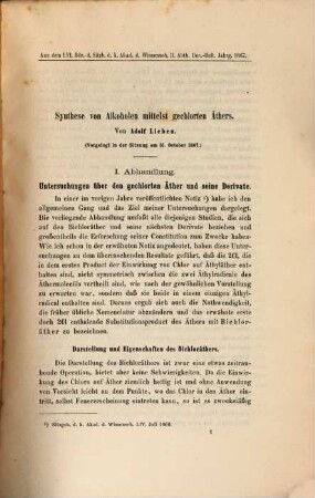 Synthese von Alkoholen mittelst gechlorten Äthers : vorgelegt in der Sitzung am 31. October 1867