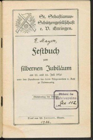 Festbuch zum silbernen Jubiläum am 10. und 11. Juli 1926
