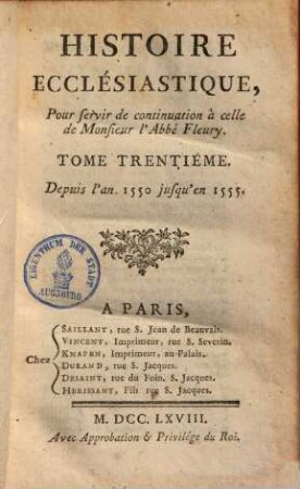 Histoire ecclesiastique : Avec la continuation par J. Cl. Fabre, 30