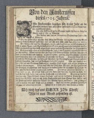 Von den Finsternissen dieses 1705. Jahres.