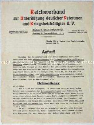 Hektografiertes Rundschreiben mit einem Aufruf zur Unterstützung von Kriegsgeschädigten