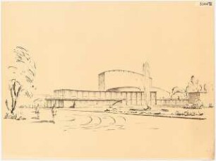 Stadttheater, Gelsenkirchen: (Lichtpause von Inv.Nr. 35914): Perspektivische Ansicht vom Garten