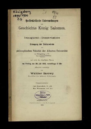 Quellenkritische Untersuchungen zur Geschichte König Salomos