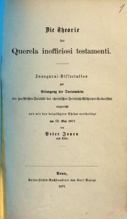 Die Theorie der Querela inofficiosi testamenti