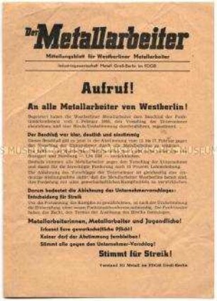 Mitteilungsblatt der FDGB für Westberliner Metallarbeiter mit einem Aufruf zum Streik