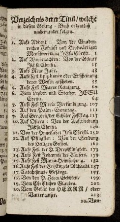 Verzeichnis derer Titul/ welche in diesem Gesang-Buch ordentlich nacheinander folgen.