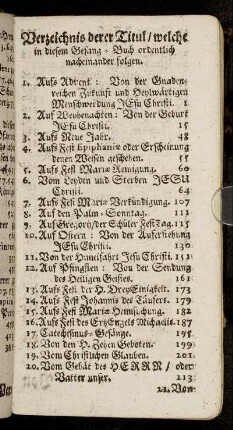 Verzeichnis derer Titul/ welche in diesem Gesang-Buch ordentlich nacheinander folgen.