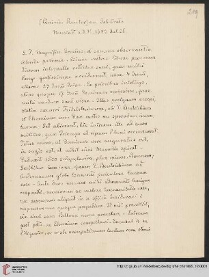 Briefabschriften von Ernst Volger (1888) aus der Sammlung Rehdiger der Stadtbibliothek Breslau. Teil I: Baudiss, Beutterich, Ehemius, Haller, Melissus, Ostrorog, Pareus, Rehdiger und Reuter.: Brief von Quirinus Reuter an Johannes Crato : Abschriften von E. Volger