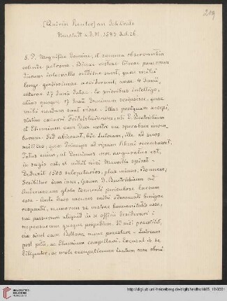 Briefabschriften von Ernst Volger (1888) aus der Sammlung Rehdiger der Stadtbibliothek Breslau. Teil I: Baudiss, Beutterich, Ehemius, Haller, Melissus, Ostrorog, Pareus, Rehdiger und Reuter.: Brief von Quirinus Reuter an Johannes Crato : Abschriften von E. Volger