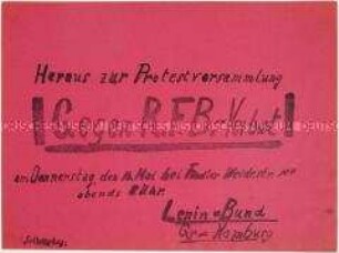 Hektografiertes Flugblatt/Aushang mit dem Aufruf zu einer Protestversammlung gegen das Verbot des Roten Frontkämpferbundes