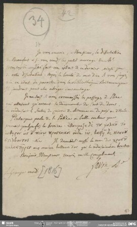 Eigenh. Brief von Guillaume Favre an August Wilhelm von Schlegel, La Grange, 1816