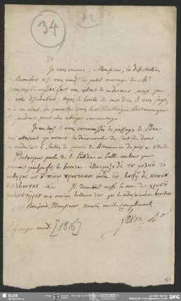 Eigenh. Brief von Guillaume Favre an August Wilhelm von Schlegel, La Grange, 1816