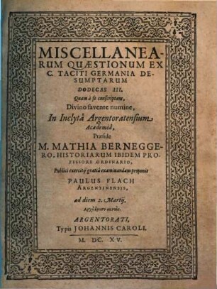 Miscellanearum Quaestionum Ex C. Taciti Germania Desumptarum Dodecas III.