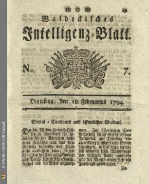 No. 7. Dienstag, den 18. Februarius 1794