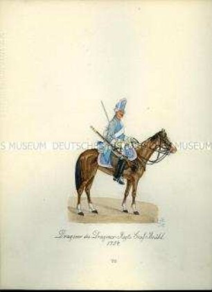 Uniformdarstellung, Dragoner des Dragoner-Regiments Graf Brühl zun Pferd, 1754. Aus: Sammelmappe "Sachsens Militär", Königliche Arsenalsammlung.