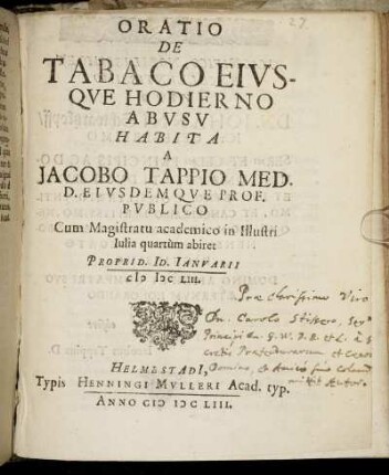 Oratio De Tabaco Eiusque Hodierno Abusu