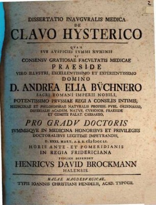Dissertatio Inavgvralis Medica De Clavo Hysterico