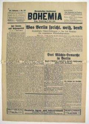 Tageszeitung für die deutsche Bevölkerung in der Tschechoslowakei "Bohemia" zur Lage in Deutschland nach der "Röhm-Affäre"