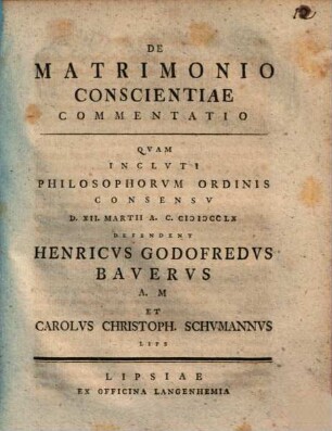 De matrimonio conscientiae commentatio