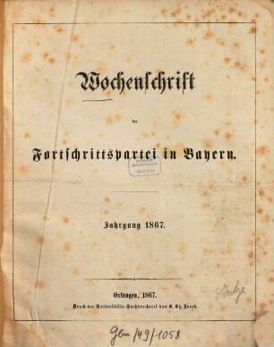 Wochenschrift der Fortschrittspartei in Bayern, 1867