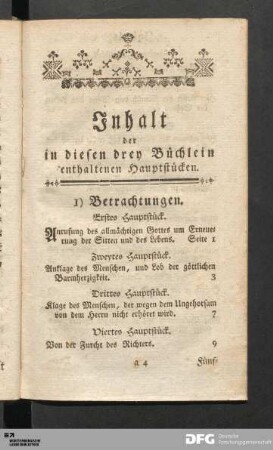 Inhalt der in diesen drey Büchlein enthaltenen Hauptstücken.