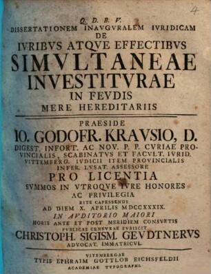 Diss. inaug. ... de iuribus atque effectibus simultaneae investiturae in feudis mere hereditariis