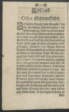 Abschied Caspar Schwenckfelds.