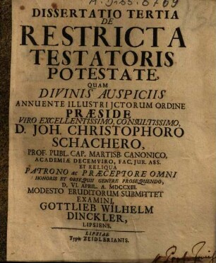 Dissertatio Iuridica De Restricta Testatoris Potestate, Tertia