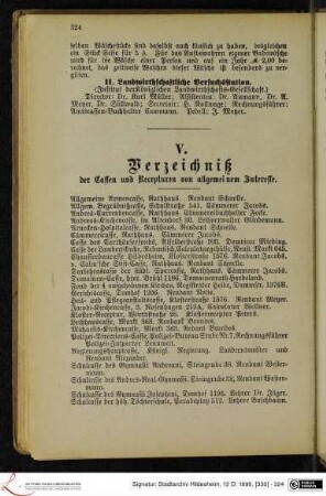 V. Verzeichniß der Cassen und Recepturen von allgemeinem Interesse.