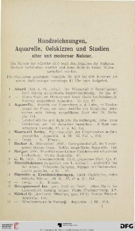 Handzeichnungen, Aquarelle, Oelskizzen und Studien alter und moderner Meister (Nr. 1-224)