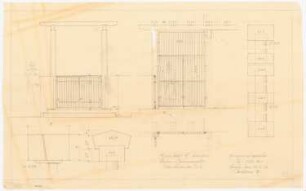 Haus Jansen, Berlin-Grunewald: Außenanlagen, Eingangstor: Aufriss Vorderfront, Seitenfront, Grundriss linksseitiger Abschluss des Küchenweges 1:20, Profile Abschluss und Eingangstor 1:1