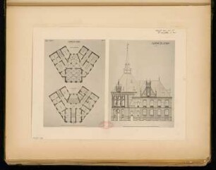 Rathaus, Nauen Monatskonkurrenz August 1885: Grundriss Erdgeschoss, Obergeschoss, Aufriss Seitenansicht; 2 Maßstabsleisten