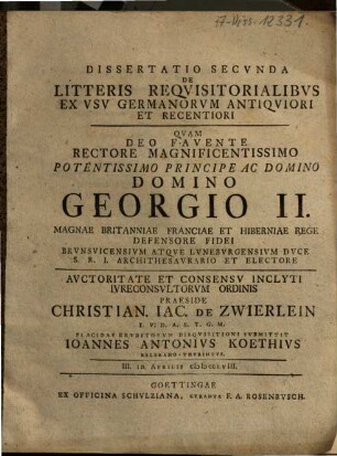 Dissertatio ... De Litteris Requisitorialibus Ex Usu Germanorum Antiquiori Et Recentiori, [2]. Secunda