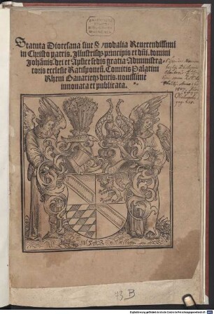 Statuta Diocesana siue Synodalia Reuerendissimi in Christo patris. Jllustrisq[ue] principis et d[omi]ni. domini Johan[n]is. dei et Ap[osto]lice sedis gratia Administratoris ecclesie Ratisponen[sis]. Comitis Palatini Rheni Bauarieq[ue] ducis. : nouissime innouata et publicata