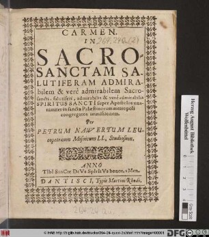 Carmen, In Sacrosanctam Salutiferam Admirabilem & vere admirabilem Sacrocancti, salutiferi, admirabilis & vere admirabilis Spiritus Sancti super Apostolos unanimiter in sancta Plaestinorum metropoli congregatos immissionem