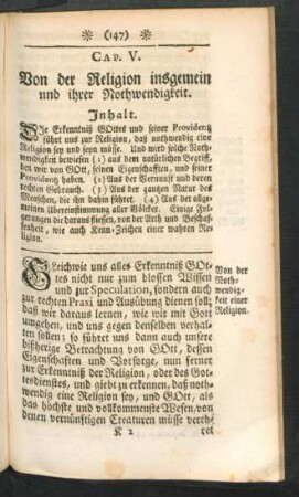 Cap. V. Von der Religion insgemein und ihrer Nothwendigkeit.