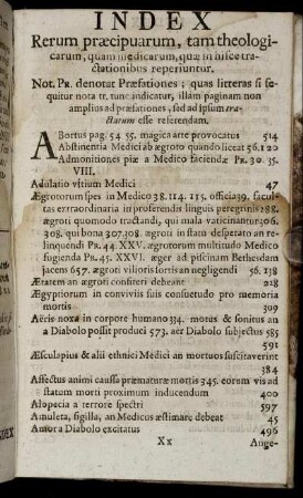 Index Rerum præcipuarum, tam theologicarum, quam medicarum, quæ in hisce tractationibus reperiuntur.