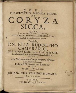 Dissertatio Medica Prior, De Coryza Sicca