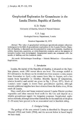 Geophysical exploration for groundwater in the Lusaka District, Republic of Zambia