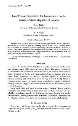 Geophysical exploration for groundwater in the Lusaka District, Republic of Zambia