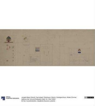 Darmstadt, Wohnhaus Olbrich, Dachgeschoss, Rotes Zimmer, Aufrisse der Ost und Südwand