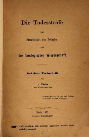 Die Todesstrafe vom Standpunkt der Religion und der theologischen Wissenschaft