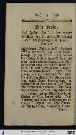 Erste Probe, daß Jesus Christus der wahre Messias sey, durch die Erfüllung der Weissagungen in seiner Person.