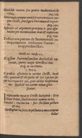 Testimonia patrum de Sacramentali interpretatione verborum Coenae: in appendice libri.