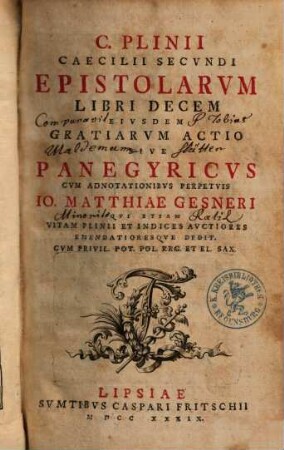 C. Plinii Caecilii Secvndi Epistolarvm Libri Decem