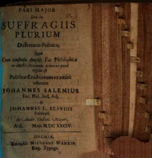Pars maior, sive de suffragiis plurium dissertatio politica