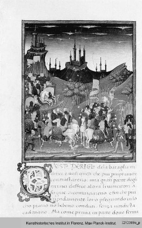 Plutarch: Vita Alexanders des Großen : Textseite mit ornamentaler Initiale (Q) und Miniatur: Ritterheere in Landschaft mit Burgen