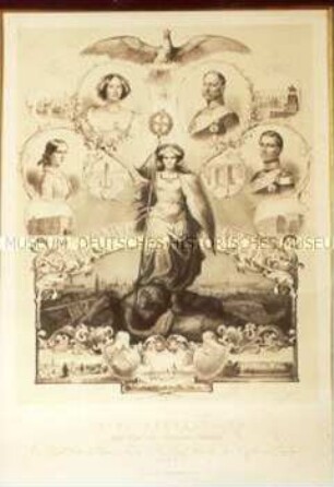Jubel-Gedenkblatt zur Feier der Silbernen Hochzeit von König Wilhelm I. von Preußen (später: Kaiser Wilhelm I.) und seiner Frau Augusta (gerahmt)